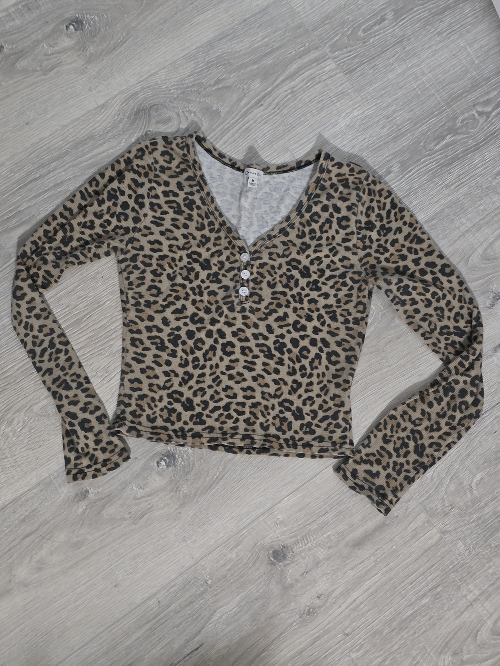 Leopard Henley Long Sleeve Top - Tan/Black